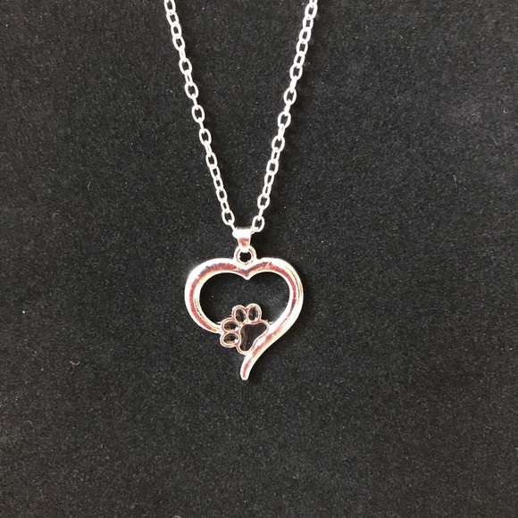 ❤️ Pet Lover Necklace Silver Tone Heart Paw Print - Picture 3 of 7